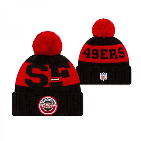 San Francisco 49ers Official Sport Pom Cuffed 2020 NFL Sideline Knit Hat - Black Scarlet