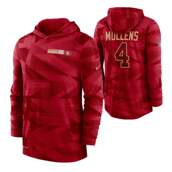 San Francisco 49ers #4 Nick Mullens Sideline Impact Hoodie Scarlet Performance Long Sleeve T-Shirt