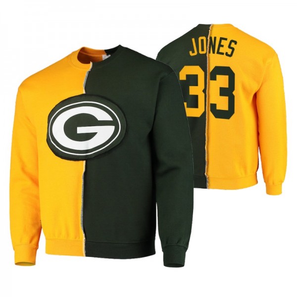 Green Bay Packers No. 33 Aaron Jones Sweatshirt Gold Green Split Center Pullover Refried Apparel