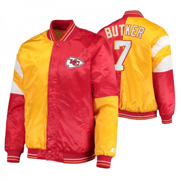 Kansas City Chiefs #7 Harrison Butker Red Yellow Split Leader Varsity Jacket