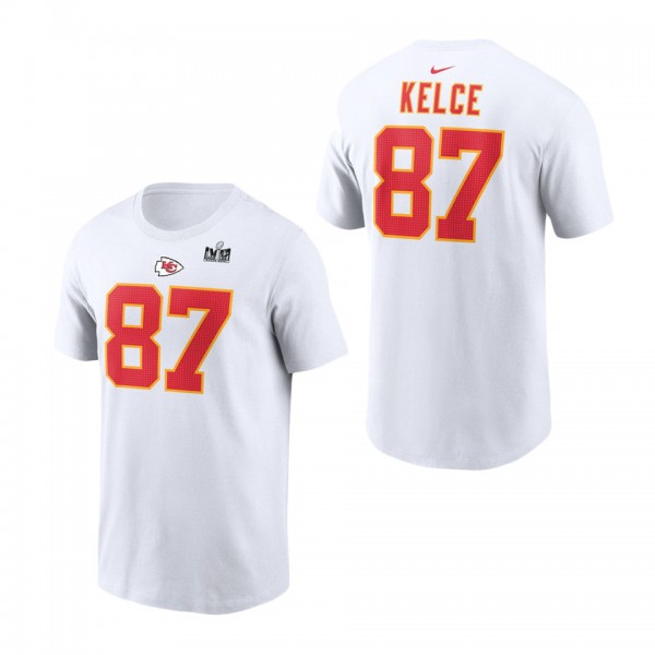 Men's Kansas City Chiefs Travis Kelce White Super Bowl LVIII Patch Player Name & Number T-Shirt