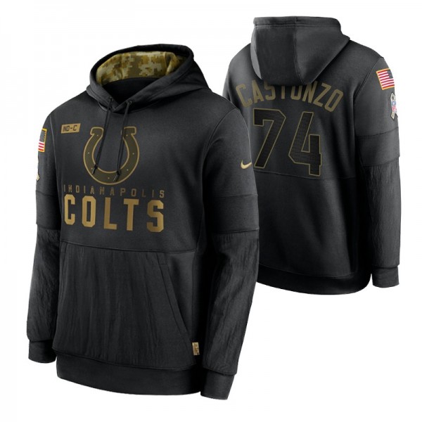 2020 Salute To Service Indianapolis Colts Anthony Castonzo NO. 74 Pullover Black Sideline Performance Hoodie