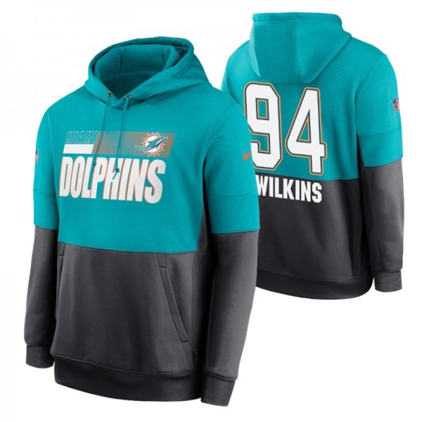 Miami Dolphins 94 #Christian Wilkins Sideline Lockup Aqua Charcoal Pullover Hoodie Performance