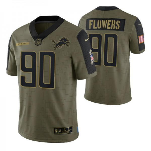 Detroit Lions Trey Flowers #90 Olive Short Sleeve 2021 Salute To Service Limited Jersey