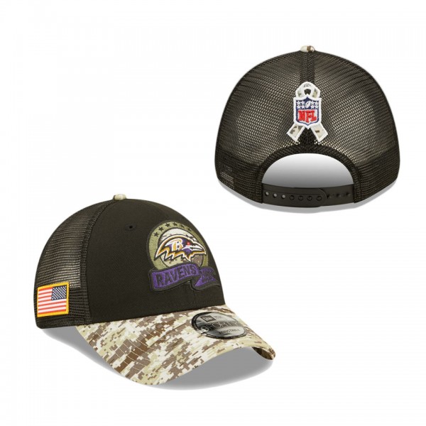 Men's Baltimore Ravens Black Camo 2022 Salute To Service 9FORTY Snapback Trucker Hat