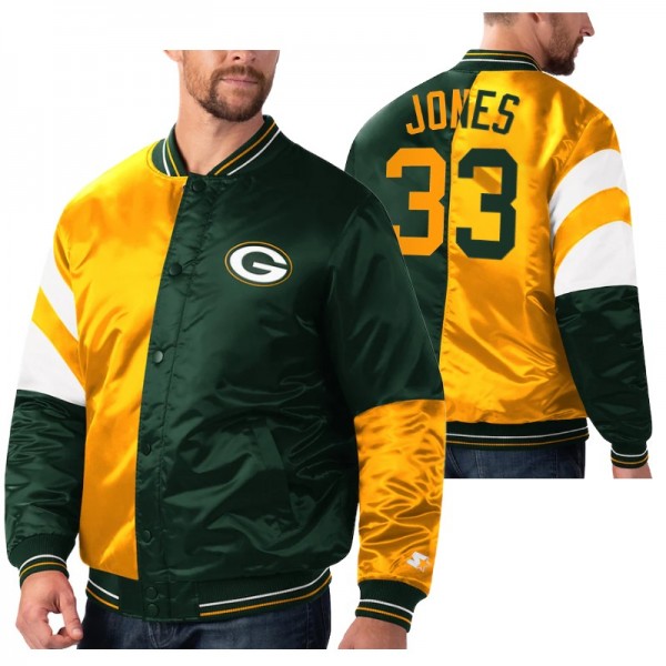 Green Bay Packers #33 Aaron Jones Green Gold Split Leader Varsity Jacket