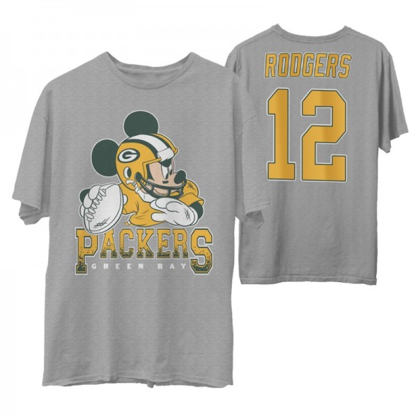 Green Bay Packers Aaron Rodgers #12 Junk Food Gray Disney Mickey QB T-shirt