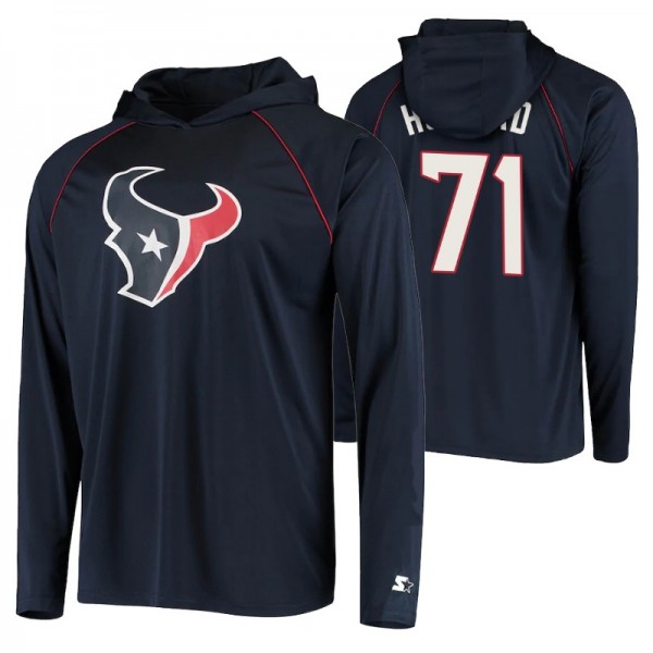 Houston Texans #71 Tytus Howard Warmup Hoodie Navy Raglan Long Sleeve T-shirt