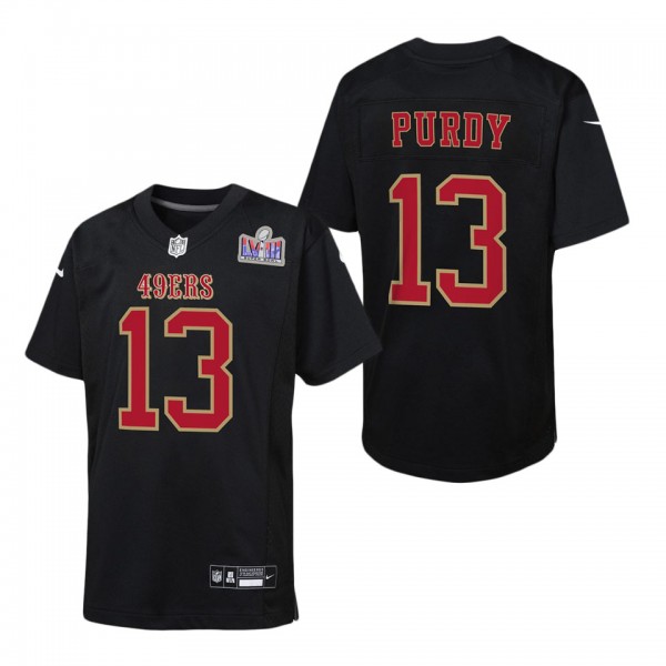 Youth San Francisco 49ers Brock Purdy Black Super Bowl LVIII Patch Carbon Fashion Game Jersey